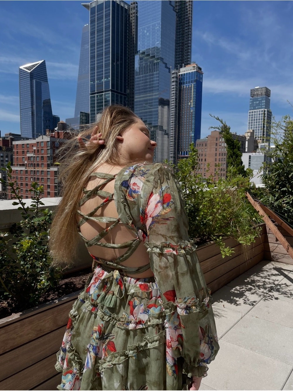 Luxxel Olive Floral Backless Ruffle Mini Dress